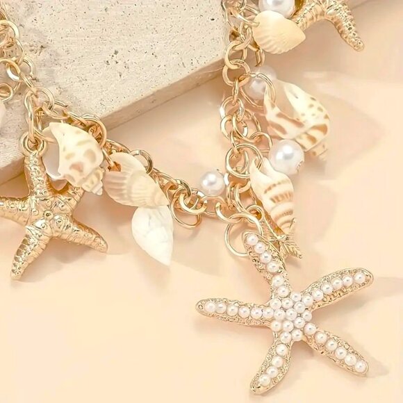 Bracelet Conch Shell Starfish Beach Ocean Vacation Sea Pearls Boho Summer Sylish - Picture 4 of 5